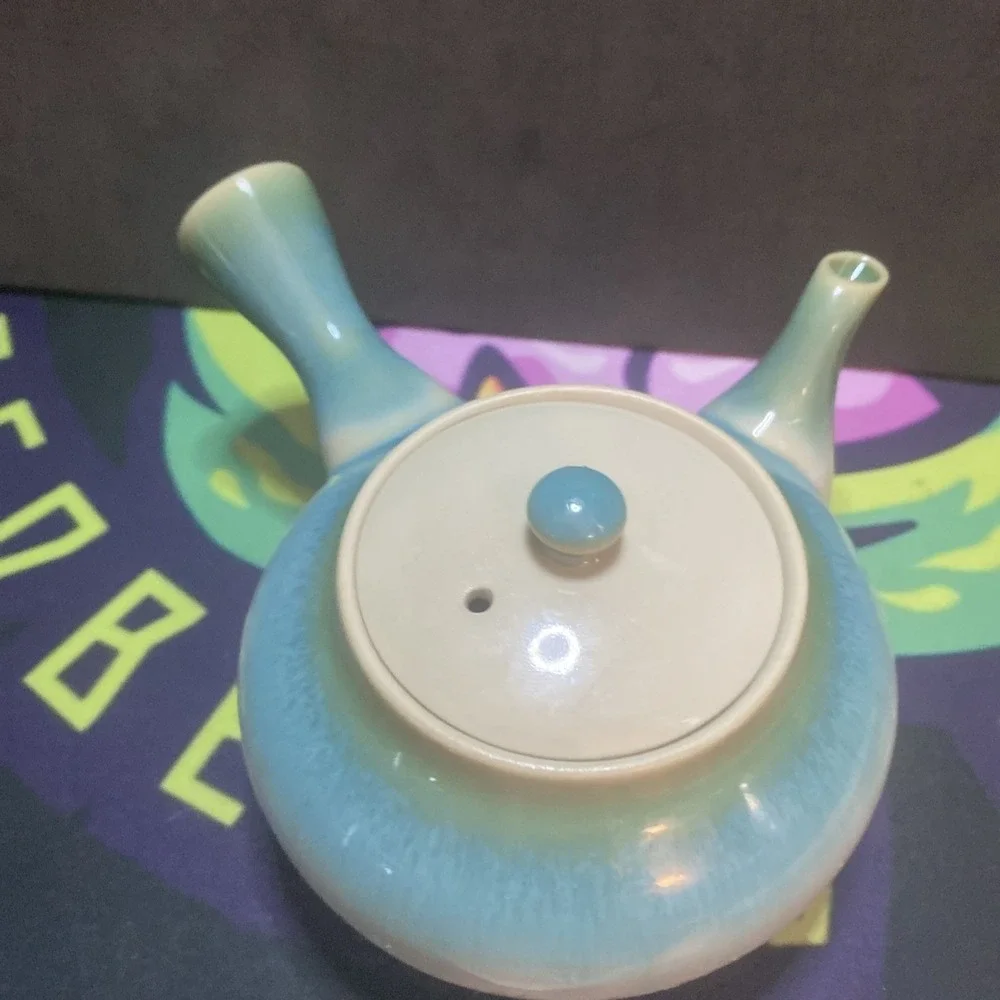 Rare Japanese Pottery Teapot Kyusu Blue & Brown Clean Nice